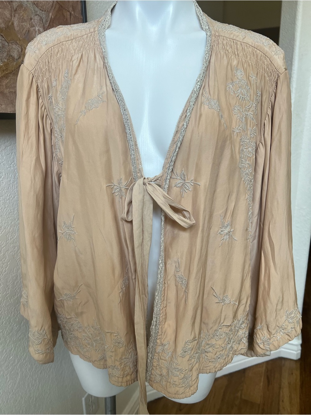 Magnolia Pearl one size Embroidered Tie-Front Peasant Jacket silk outside cotton